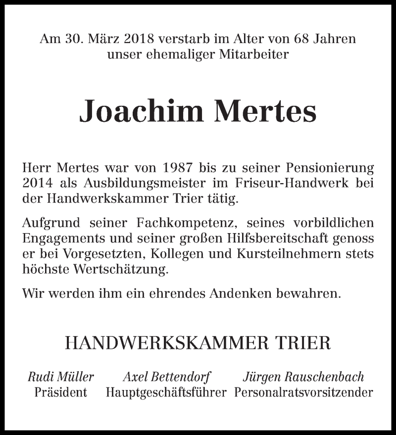 Traueranzeigen Von Joachim Mertes Volksfreund Trauer De