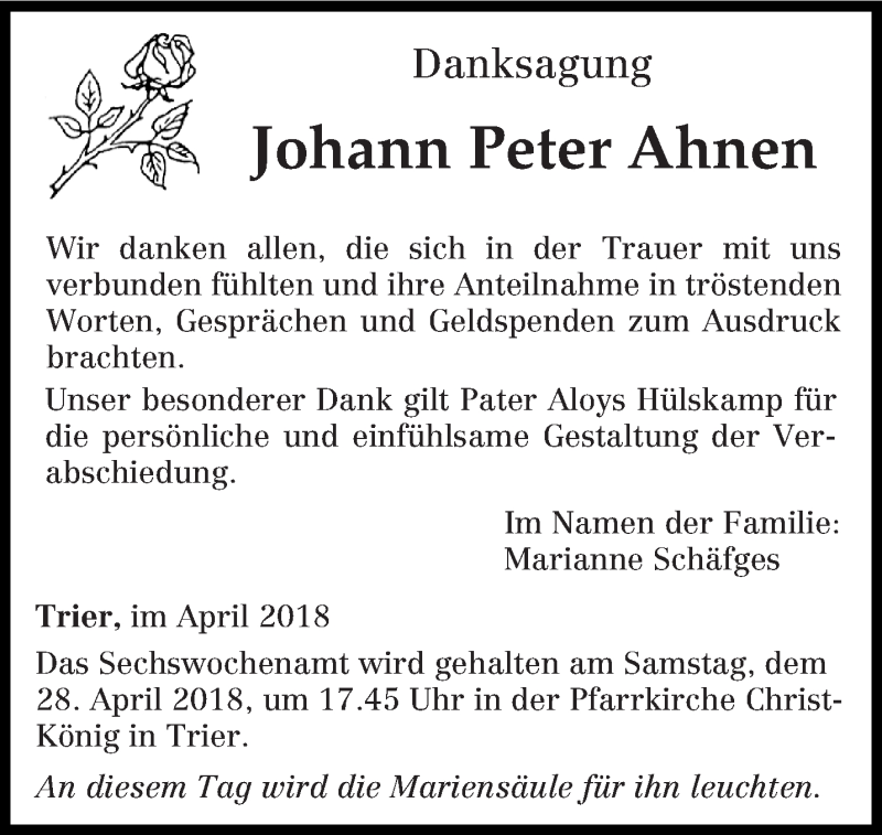  Traueranzeige für Johann Peter Ahnen vom 25.04.2018 aus trierischer_volksfreund