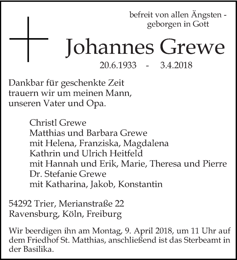  Traueranzeige für Johannes Grewe vom 06.04.2018 aus trierischer_volksfreund