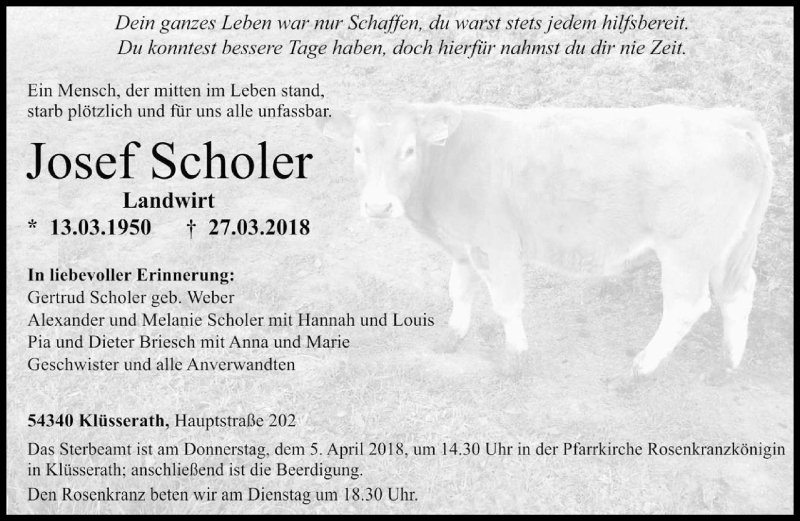  Traueranzeige für Josef Scholer vom 31.03.2018 aus trierischer_volksfreund