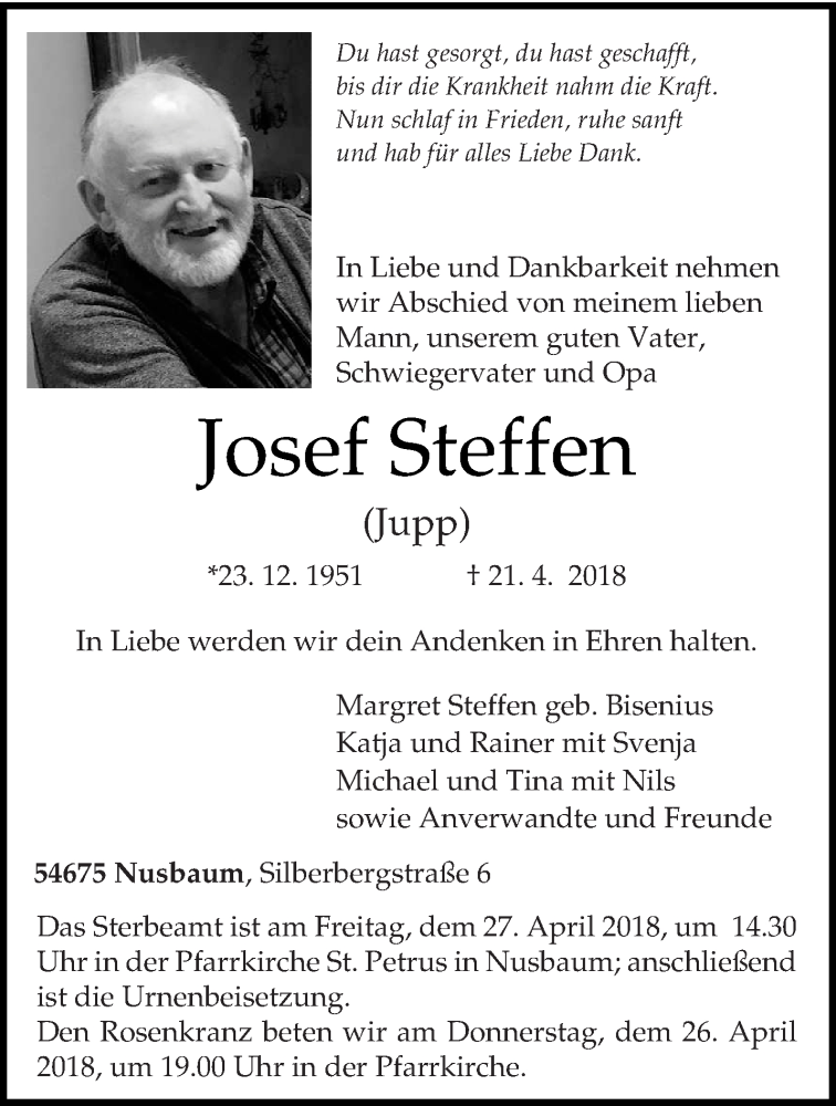  Traueranzeige für Josef Steffen vom 23.04.2018 aus trierischer_volksfreund