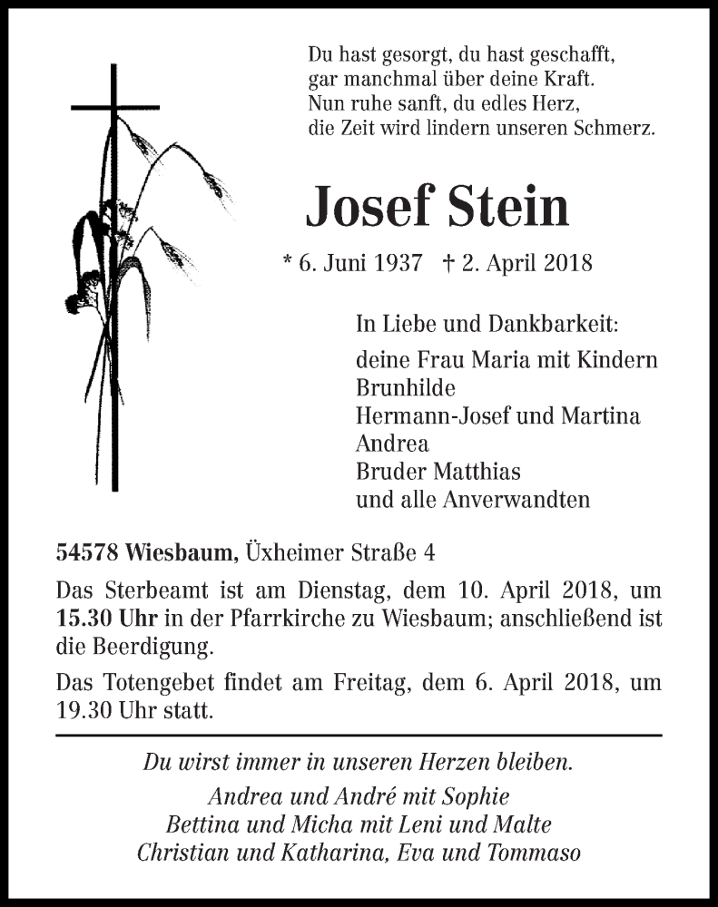  Traueranzeige für Josef Stein vom 04.04.2018 aus trierischer_volksfreund