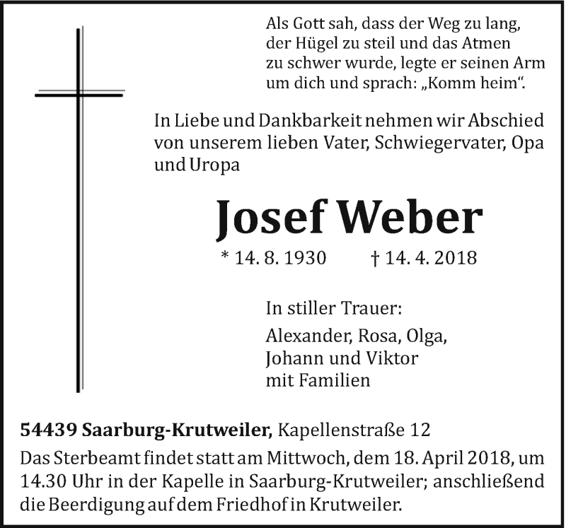  Traueranzeige für Josef Weber vom 17.04.2018 aus trierischer_volksfreund