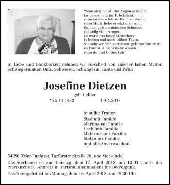 Traueranzeige von Josefine Dietzen von trierischer_volksfreund