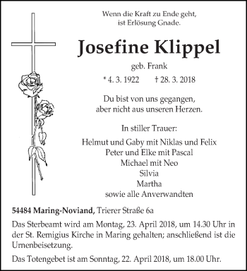 Traueranzeige von Josefine Klippel von trierischer_volksfreund