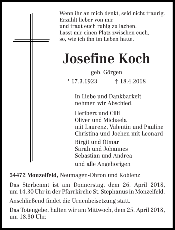 Traueranzeige von Josefine Koch von trierischer_volksfreund