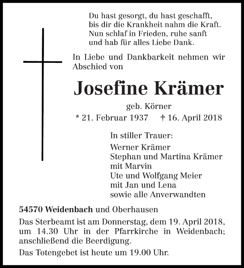  Traueranzeige für Josefine Krämer vom 18.04.2018 aus trierischer_volksfreund