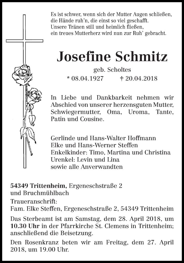  Traueranzeige für Josefine Schmitz vom 25.04.2018 aus trierischer_volksfreund