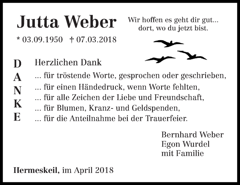  Traueranzeige für Jutta Weber vom 21.04.2018 aus trierischer_volksfreund
