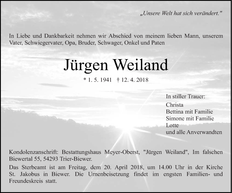  Traueranzeige für Jürgen Weiland vom 14.04.2018 aus trierischer_volksfreund