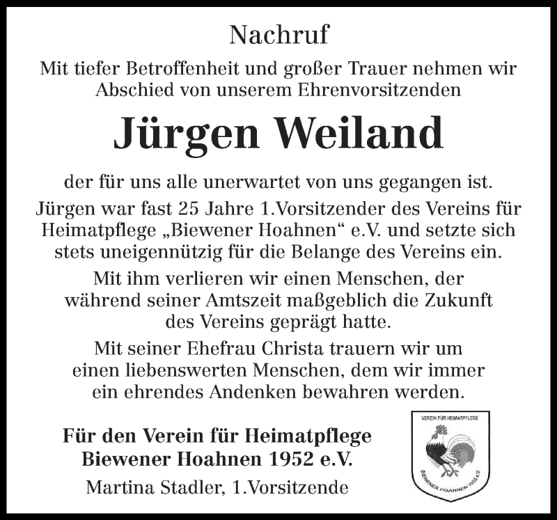  Traueranzeige für Jürgen Weiland vom 14.04.2018 aus trierischer_volksfreund