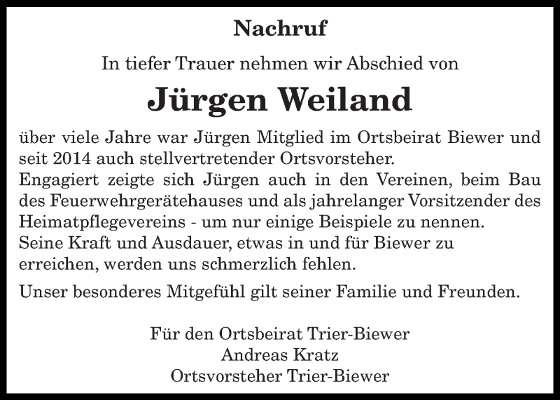  Traueranzeige für Jürgen Weiland vom 20.04.2018 aus trierischer_volksfreund