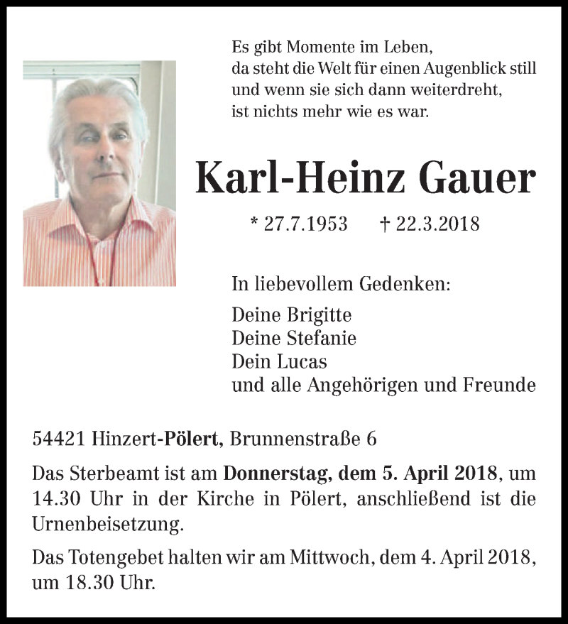  Traueranzeige für Karl-Heinz Gauer vom 31.03.2018 aus trierischer_volksfreund