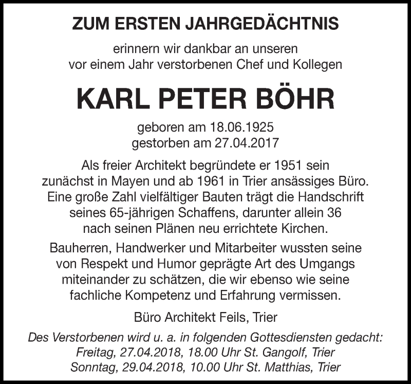  Traueranzeige für Karl Peter Böhr vom 27.04.2018 aus trierischer_volksfreund