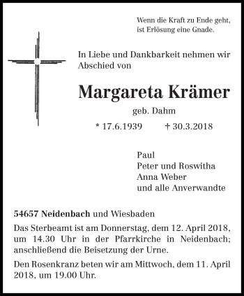 Traueranzeige von Margareta Krämer von trierischer_volksfreund