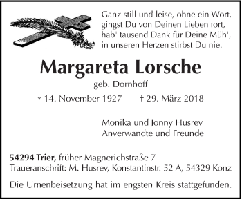 Traueranzeige von Margareta Lorsche von trierischer_volksfreund