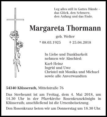 Traueranzeige von Margareta Thormann von trierischer_volksfreund