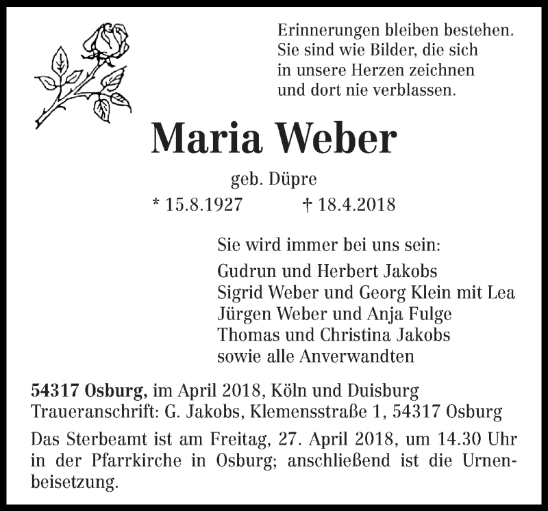  Traueranzeige für Maria Weber vom 24.04.2018 aus trierischer_volksfreund