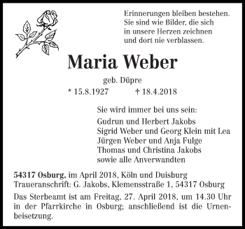 Traueranzeige von Maria Weber von trierischer_volksfreund