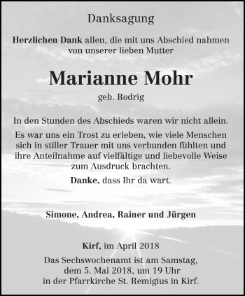 Traueranzeige von Marianne Mohr von trierischer_volksfreund