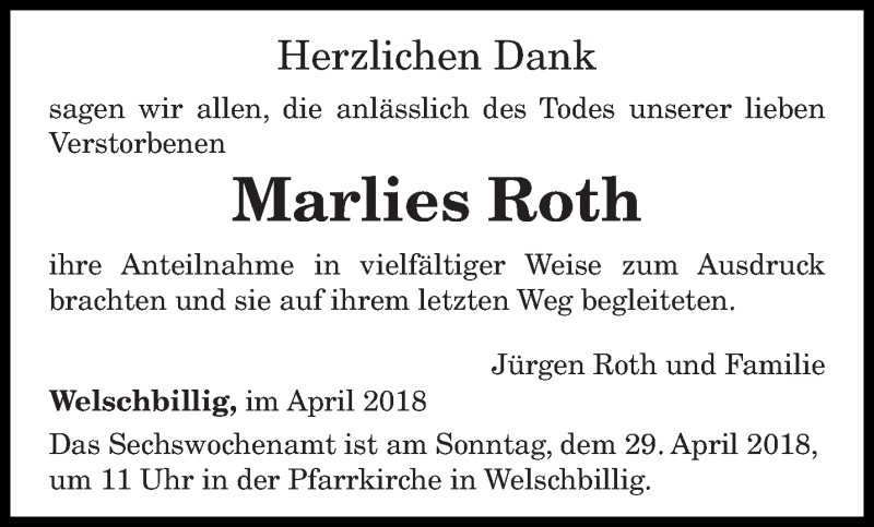  Traueranzeige für Marlies Roth vom 27.04.2018 aus trierischer_volksfreund
