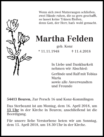 Traueranzeige von Martha Felden von trierischer_volksfreund