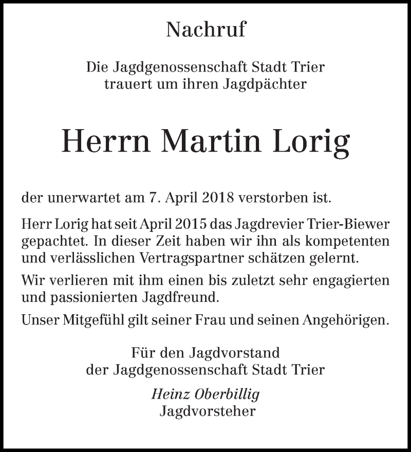  Traueranzeige für Martin Lorig vom 11.04.2018 aus trierischer_volksfreund