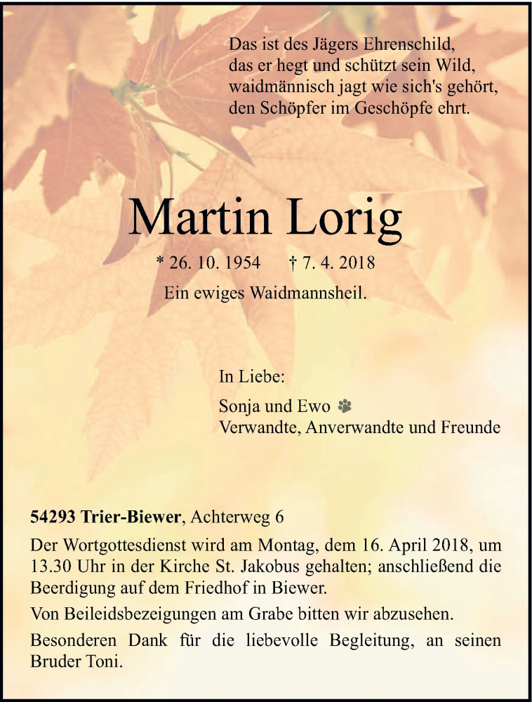  Traueranzeige für Martin Lorig vom 11.04.2018 aus trierischer_volksfreund