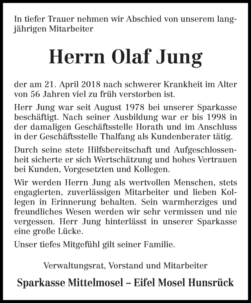  Traueranzeige für Olaf Jung vom 24.04.2018 aus trierischer_volksfreund