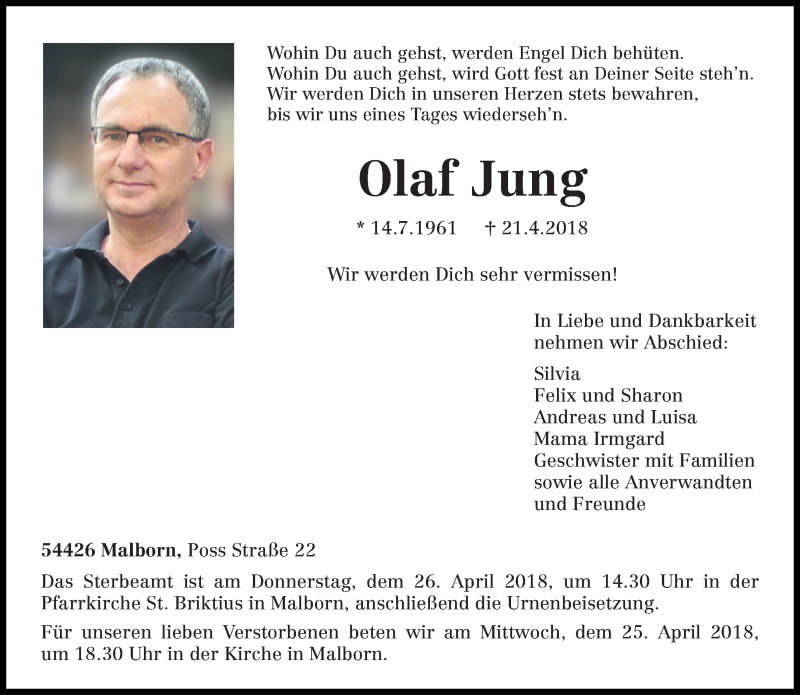  Traueranzeige für Olaf Jung vom 24.04.2018 aus trierischer_volksfreund