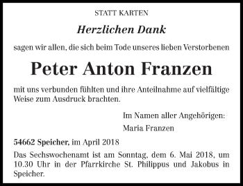 Traueranzeige von Peter Anton Franzen von trierischer_volksfreund
