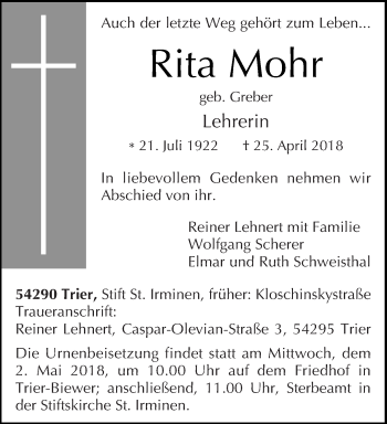 Traueranzeige von Rita Mohr von trierischer_volksfreund