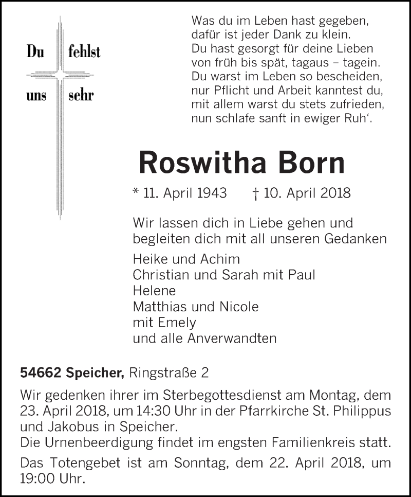  Traueranzeige für Roswitha Born vom 14.04.2018 aus trierischer_volksfreund