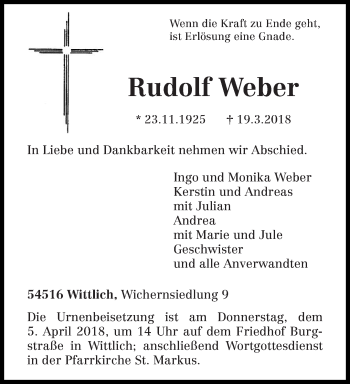 Traueranzeige von Rudolf Weber von trierischer_volksfreund