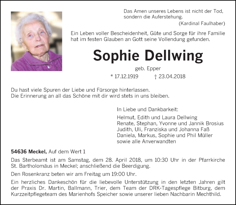  Traueranzeige für Sophie Dellwing vom 25.04.2018 aus trierischer_volksfreund