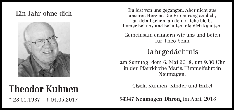  Traueranzeige für Theodor Kuhnen vom 28.04.2018 aus trierischer_volksfreund