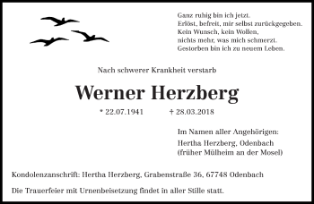 Traueranzeige von Werner Herzberg von trierischer_volksfreund