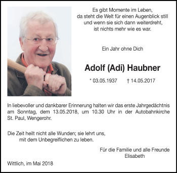 Traueranzeige von Adolf (Adi) Haubner von trierischer_volksfreund