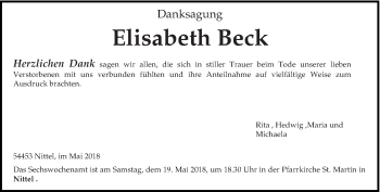 Traueranzeige von Elisabeth Beck von trierischer_volksfreund