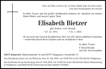 Traueranzeige von Elisabeth Bietzer von trierischer_volksfreund