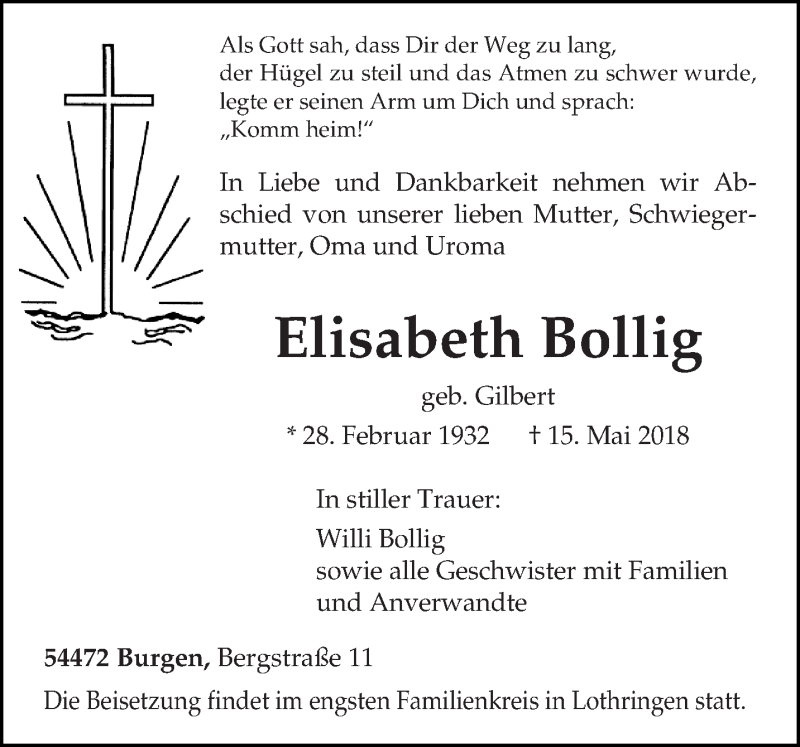  Traueranzeige für Elisabeth Bollig vom 18.05.2018 aus trierischer_volksfreund