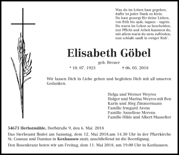 Traueranzeige von Elisabeth Göbel von trierischer_volksfreund