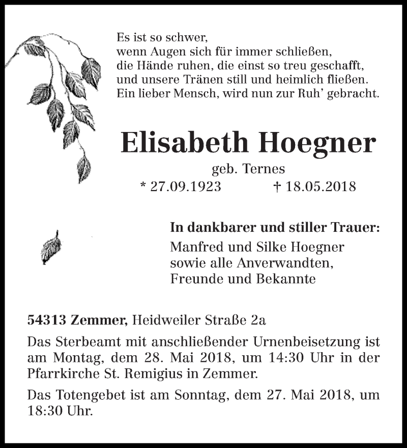  Traueranzeige für Elisabeth Hoegner vom 22.05.2018 aus trierischer_volksfreund
