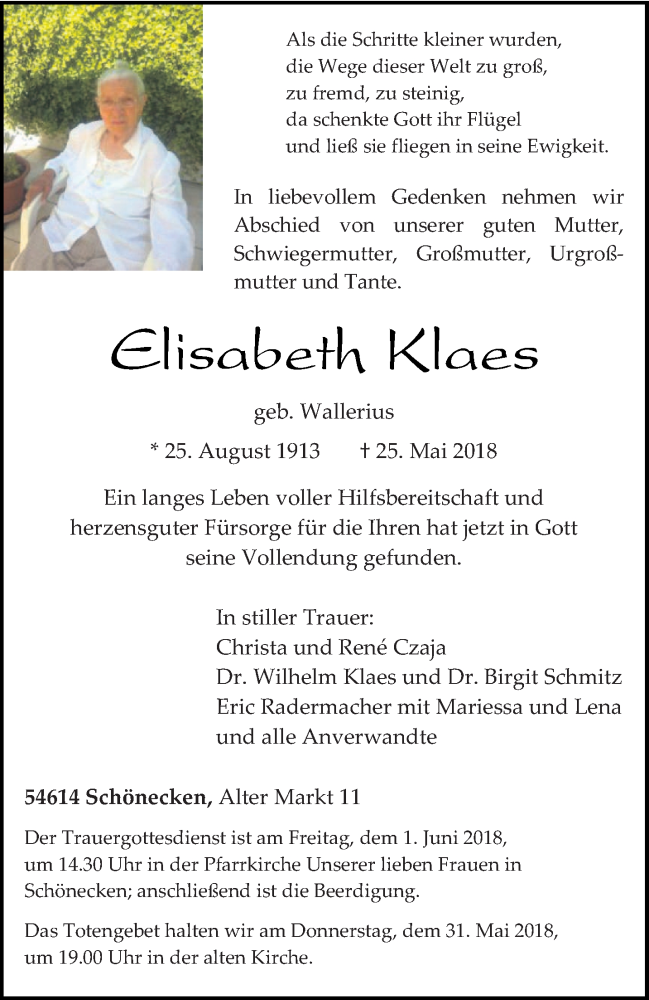  Traueranzeige für Elisabeth Klaes vom 30.05.2018 aus trierischer_volksfreund