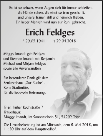 Traueranzeige von Erich Feldges von trierischer_volksfreund
