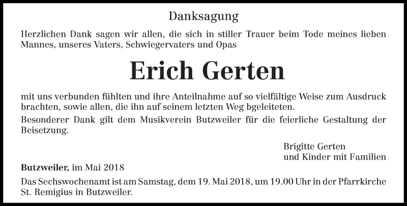  Traueranzeige für Erich Gerten vom 16.05.2018 aus trierischer_volksfreund