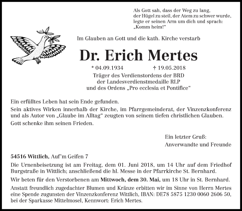  Traueranzeige für Erich Mertes vom 26.05.2018 aus trierischer_volksfreund
