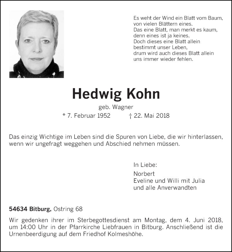 Traueranzeige für Hedwig Kohn vom 26.05.2018 aus trierischer_volksfreund