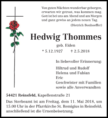 Traueranzeige von Hedwig Thommes von trierischer_volksfreund