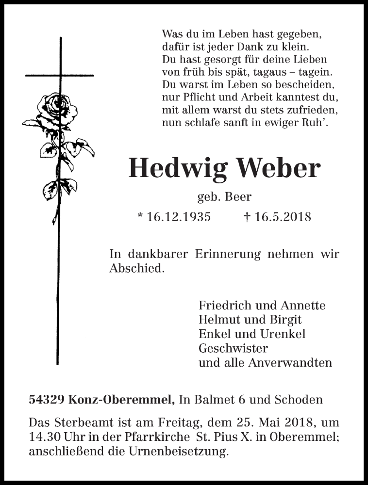  Traueranzeige für Hedwig Weber vom 23.05.2018 aus trierischer_volksfreund